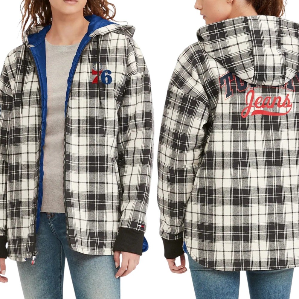 Tommy Jeans x NBA Philadelphia 76ers Molly Flannel Full-Zip Jacket Womens M NEW